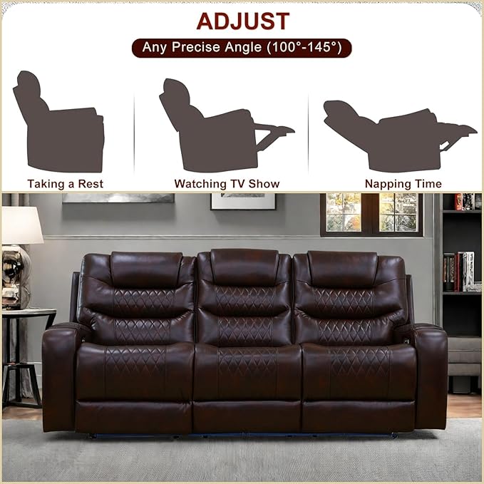 Leather Recliner Sofa Couch, 3-Seater Home Theater Seating Reclining Sofa, Power Reclining Couch with Cup Holders & Drop Down Table for Living Room Furniture Sets, Brown