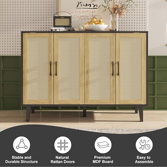 Storage Cabinet with Rattan Trim - 4 Door Sideboard Buffet Cabinet with Storage, Accent Cabinet with Shelves for Bathroom, Coffee Bar, Kitchen, Living Room, Hallway (Black)