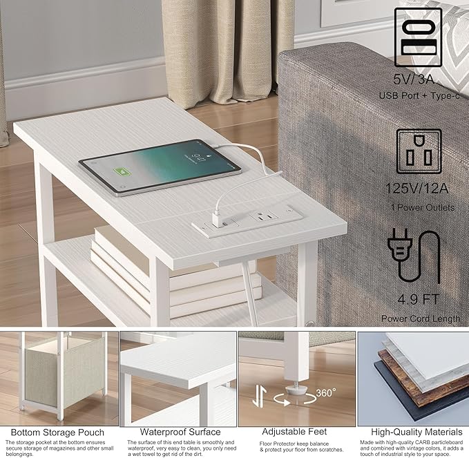 Narrow Side Table with Charging Station, Small End Table for Small Spaces, Skinny Nightstands with Storage Basket, 3 Tier Sofa Couch Bedside Tables for Living Room,Bedroom, White