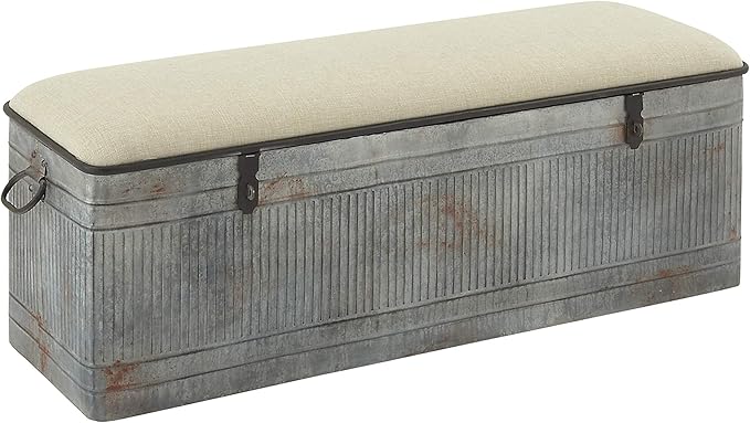 Deco 79 Metal Room Storage Bench Galvanized Entryway Bench with Cream Burlap Top, Bench 50" x 16" x 18", Gray