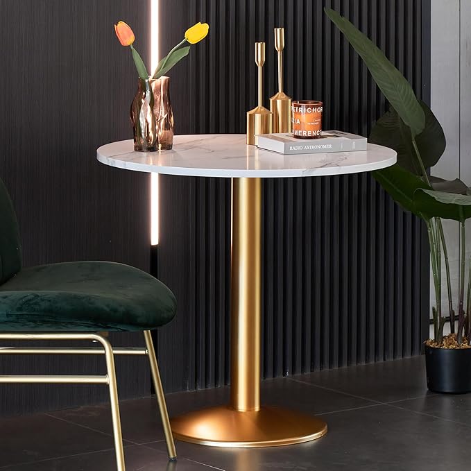 Round Modern Dinning Table 30 inches Bistro Tulip Table with White Faux Marble top Gold Sturdy Metal Frame,Easy Assemble,Diameter 30in*H28.54in