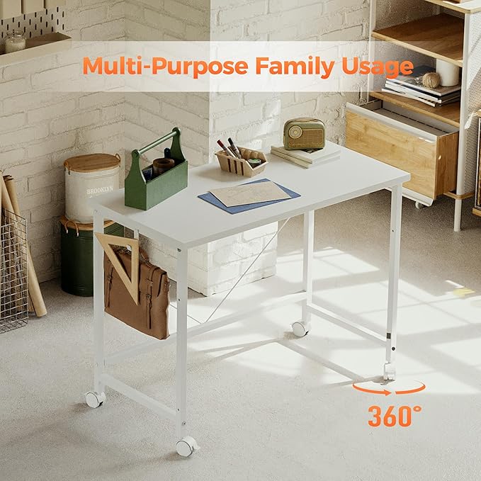 Rolling Computer Desk with Wheels, Gaming Desk for Small Spaces, Modern Simple Style Table for Home Office, Study Writing Table (Caster, White, 24 inch)
