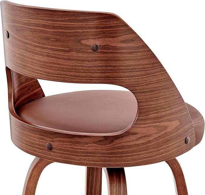 Armen Living Julius Mid Century Modern Swivel Bar Stool for Kitchen Island Counter in Brown Faux Leather and Walnut Wood, 26" Seat Height