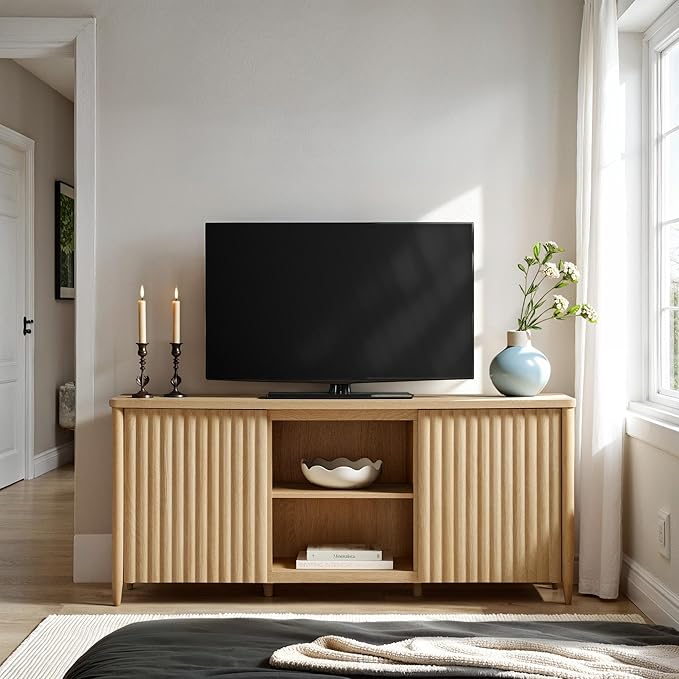 Walker Edison Scandinavian Reeded TV Stand with Storage for up to 70" TV Coastal Oak