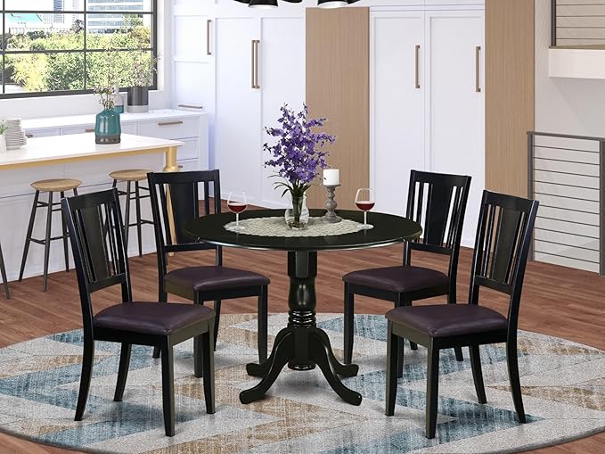East West Furniture DLDU5-BLK-LC 5 Piece Modern Dining Table Set Includes a Round Wooden Table with Dropleaf and 4 Faux Leather Kitchen Dining Chairs, 42x42 Inch, Black
