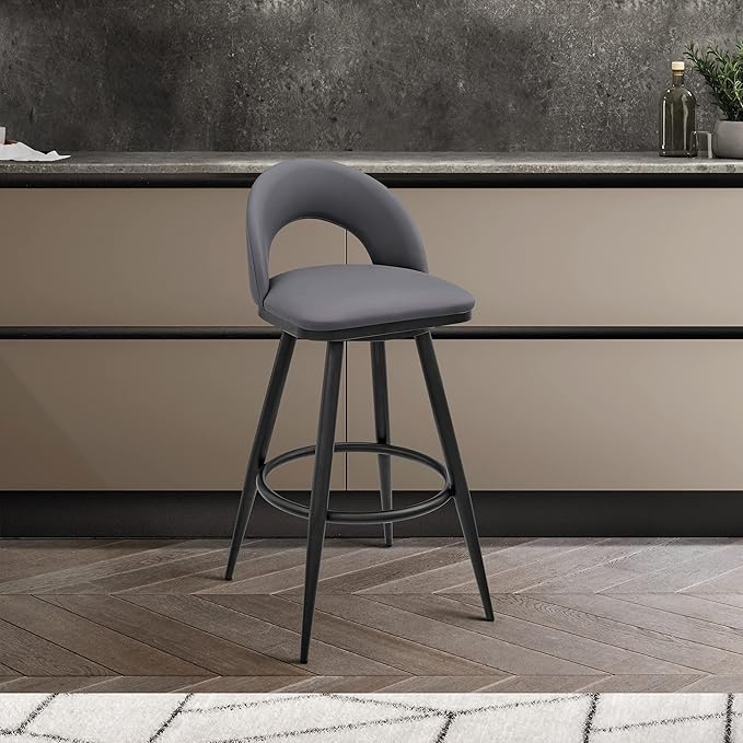 Armen Living Charlotte Swivel Bar Stool in Black Metal with Grey Faux Leather