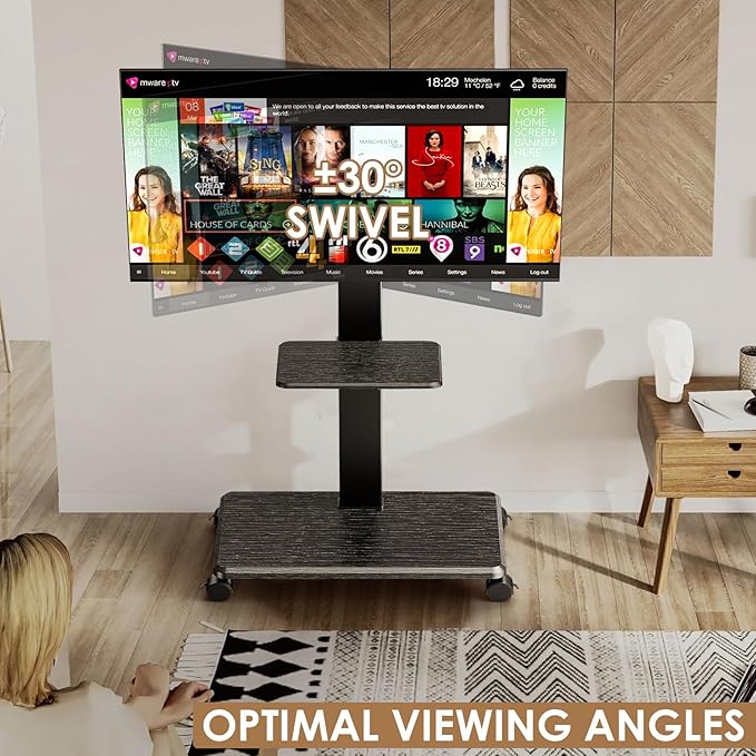 Mobile TV Stand with Wheels, Swivel Rolling TV Stand for 32-75 Inch TVs with Shelf, Landscape to Portrait, Height Adjustable Portable TV Cart with Tilt, VESA 600x400mm, 110lbs Capacity