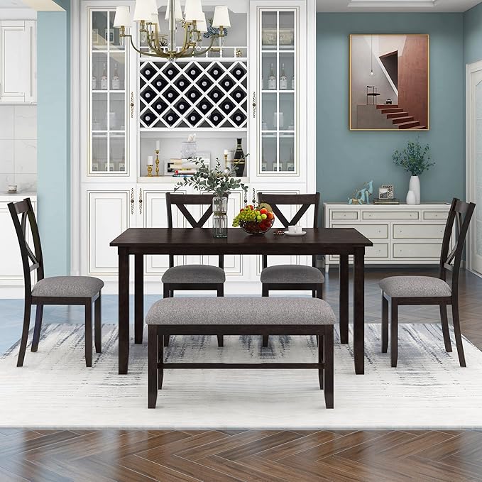 Ball & Cast 6 Piece Dining Table Set with 4 "X-Shaped Curved Backres Fabric Chairs & 1 Bench,Living Room Furniture W/ 60" Rectangle Kitchen Desk,for Restaurant,Home Bistro,Espresso