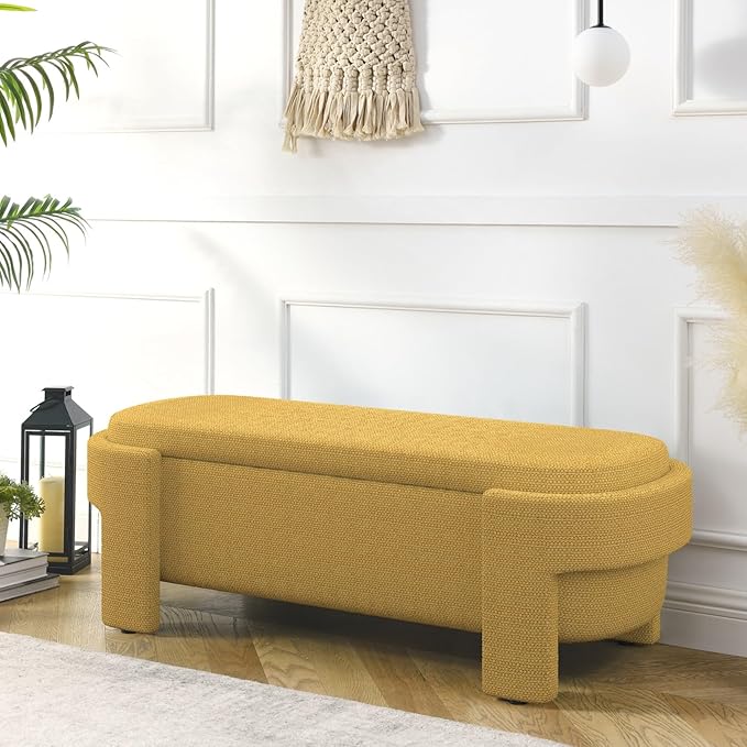 KEIKI 51" Linen Ottoman Bench with Large Storage Space, Upholstered Seating Foot Rest Stool Furniture for Bedroom, Living Room, Entryway, Yellow