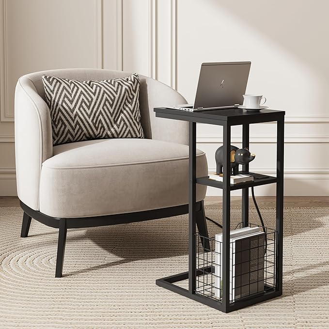 Vagusicc C Shaped End Table with Charging Station, Side Table for Couch, Small Side End Table for Small Spaces, 28" High Slide Under Sofa Table for Coffee, Tv Tray Table for Living Room, Black