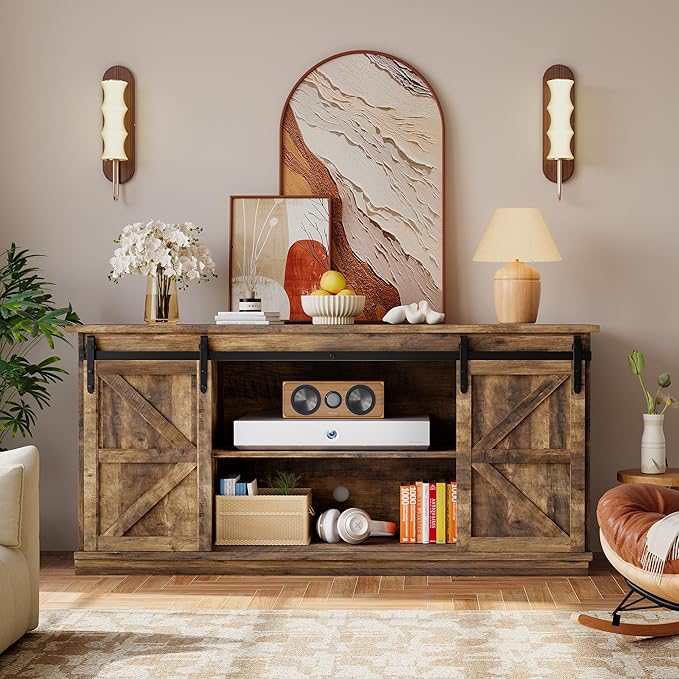 YESHOMY TV Stand for Televisions up to 65 Inchs, with Sliding Barn Doors and 4 Storage Drawers, Console Table and Media Furniture for Living Room, 58 Inch, Barnwood