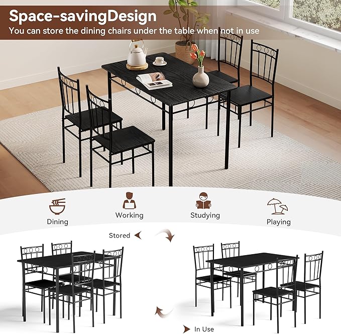 Vipbear Kitchen Dining Table Set for 4, 5-Piece Kitchen Table Set,Dining Room Table Sets,Rectangular Kitchen Table Set with 4 Chairs for Small Space, Dinette,Apartment,Rustic Black