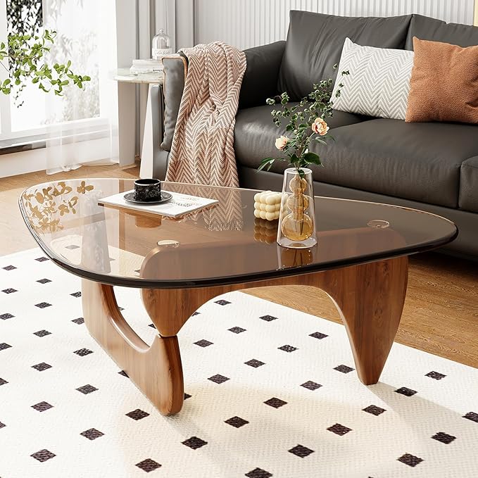 Glass Coffee Table for Living Room Mid Century Modern Triangle Center Table with Wooden Base, Brown/Walnut