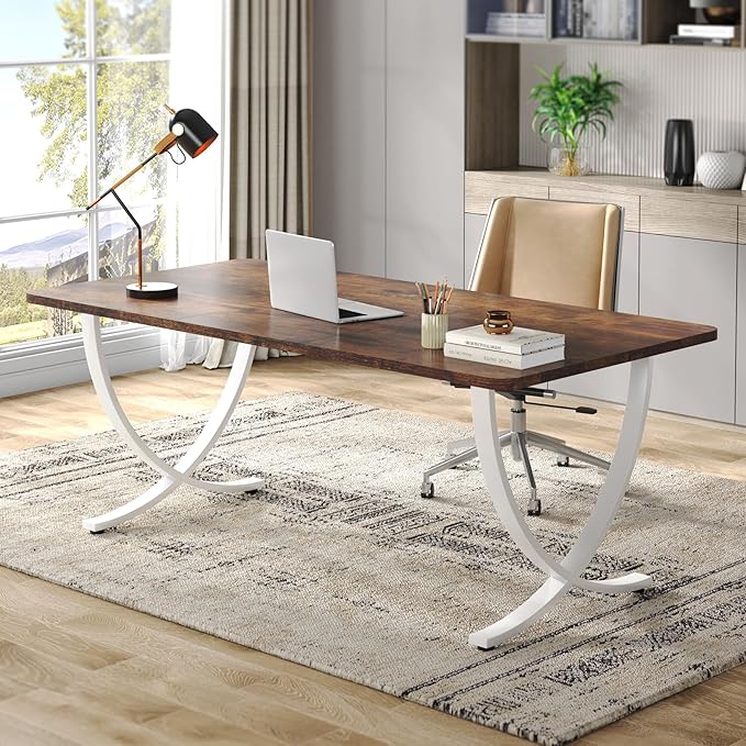 Tribesigns Executive Desk, 63” W x 31.5” D Large Office Desk, Modern Computer Desk Conference Table Meeting Room Table, Business Furniture for Home Office, White and Walnut
