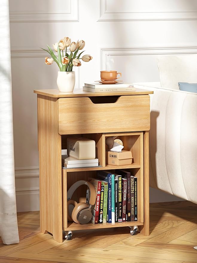 End Table Small Night Stand for Small Spaces Narrow Side Tables Bedside Table with Drawer Rolling Open Storage Shelf Accent Vintage Farmhouse Nightstand with Wheels for Living Room Bedroom Balcony