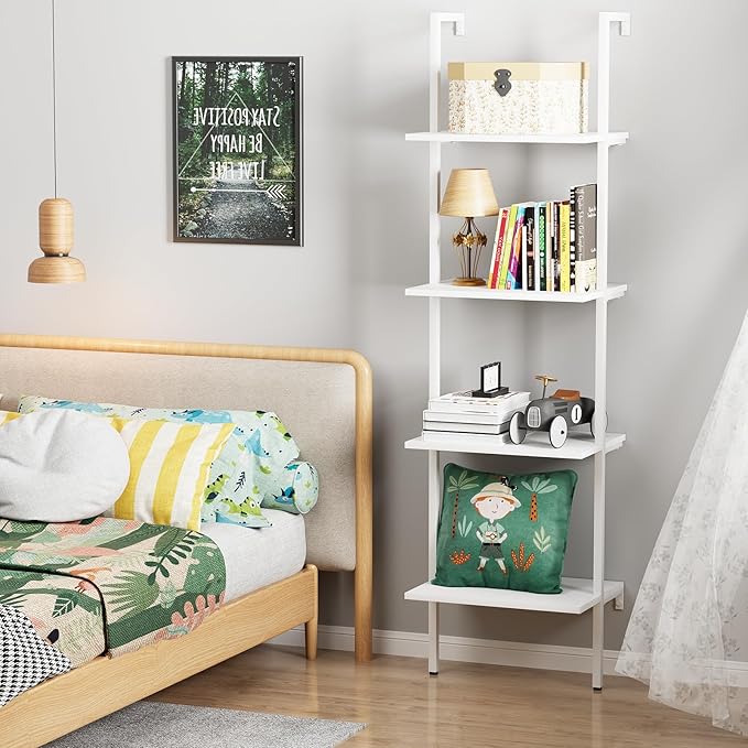 Ladder Shelf 4 Tiers Metal Industrial Bookshelf,White Wooden Tall Open Storage Rack and Display Shelves,Wall Mount Wide Bookcase for Home Office Bedroom,Small