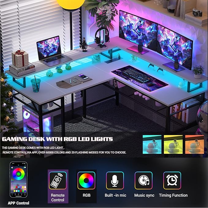 Unikito L-Shaped Desk with LED Strip and Power Outlets, Reversible Corner Computer Desk with Monitor Stand and Storage Shelf, Modern L-Shaped Gaming Table, Home Office Desk with USB Ports, White
