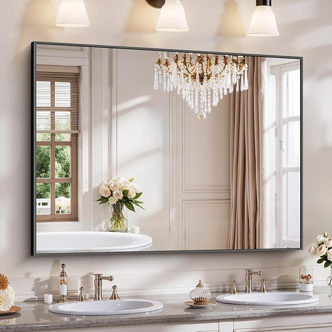 YIROMAN Bathroom Mirror for Wall 48"x36", Large Matte Black Bathroom Mirror with Metal Frame, Rectangular Vanity Mirror with Right Angles, Wall Mirror Hangs Horizontal or Vertical, Shatterproof