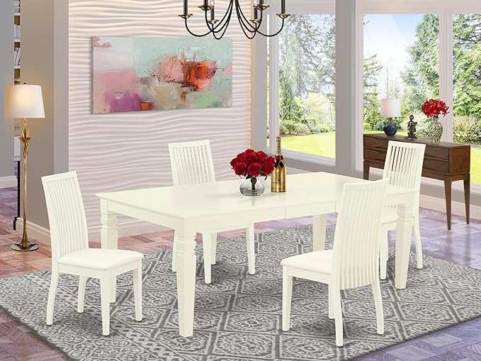 East West Furniture LGIP5-LWH-C 5 Piece Dinette Set for 4 Includes a Rectangle Dining Table with Butterfly Leaf and 4 Linen Fabric Dining Room Chairs, 42x84 Inch, Linen White