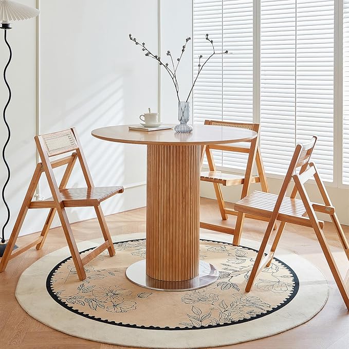 Round Wood Dining Table，Wooden Trestle Pedestal Base on Stainless Steel Plate，Small Space Kitchen Table，34.25" Modern Circular Tabletop for Kitchen, Dining Room, Restaurant，Cafe (Natural)