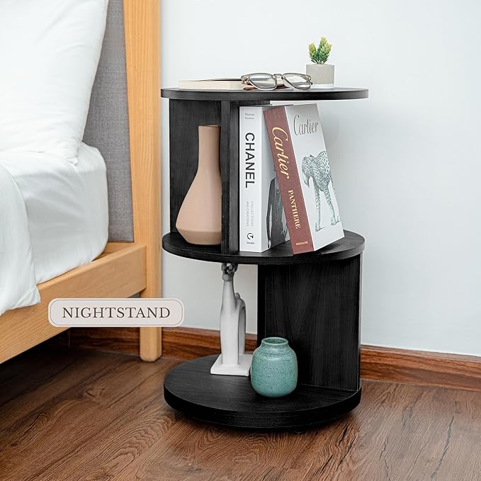 KAYMILY Living Room Side Table, Office Round Bookshelf End Table, Bedroom Mid Century Modern Nightstands, Contemporary Accent Tables - Easy Assembly - MDF Wood - Stationary - Black