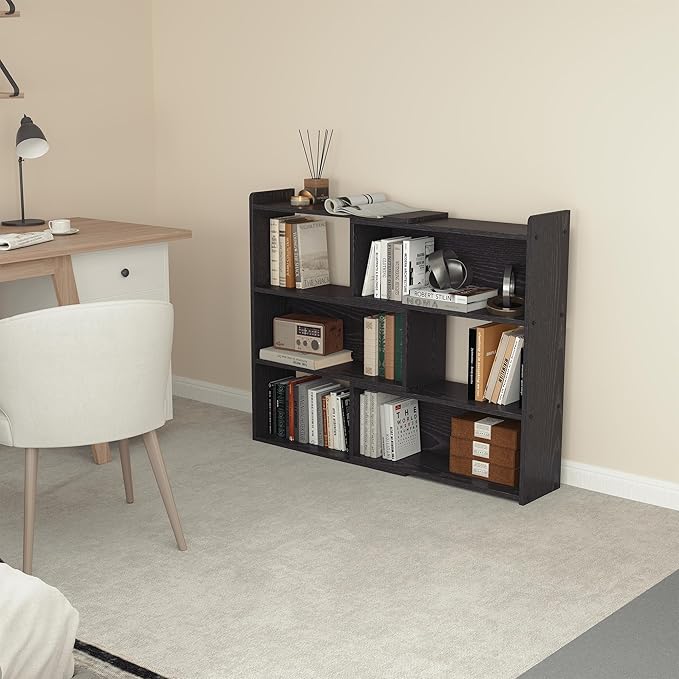 Open Shelf Low Bookcase,Wooden 4-Tier Floor Standing Expandable 25-47 inch Wide Bookcase,with Side Panels Frame for Home and Office