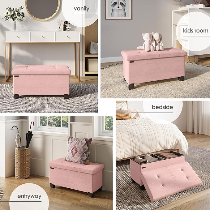 STORAGEBUD Storage Ottoman Bench with Bins, 30-in Storage Bench for Bedroom End of Bed, Folding Foot Rest Ottoman for Living Room Max 660lbs, Fabric Ottomans, Pink