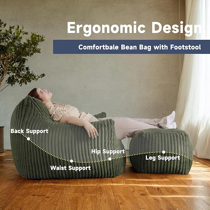 Giant Bean Bag Chairs for Adults, Oversized Chaise Lounge Chair Indoor with Memory Foam - Plush Boneless Lounger & Ottoman for Bedroom, Living Room, Gaming & Reading, Lazy Floor Sofa Chair, Green