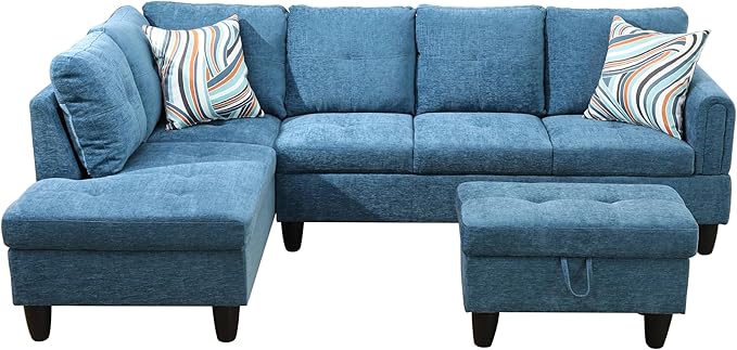 NicBex Sectional Couch 3 Pieces Sofa Set with Right Chaise Flannel L Shaped Cloud Couch for Living Room Furniture Sets with Storage Ottoman, Modular Sofa for Living Room & Apartment, Dark Blue
