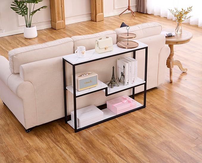 loglus Console Table for Entryway, Faux Marble MDF Sofa Table with Golden Frame (Multilayer, Black Frame)