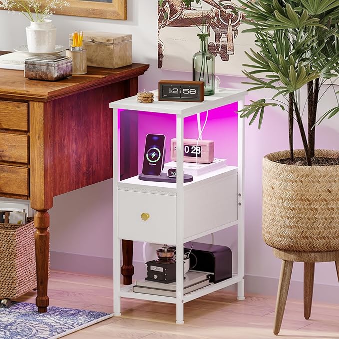 Fixwal Narrow Side Table with Charging Station and LED Light, Skinny Nightstand with 1 Fabric Drawer, Slim End Table for Bedroom, Dorm, Small Space, White