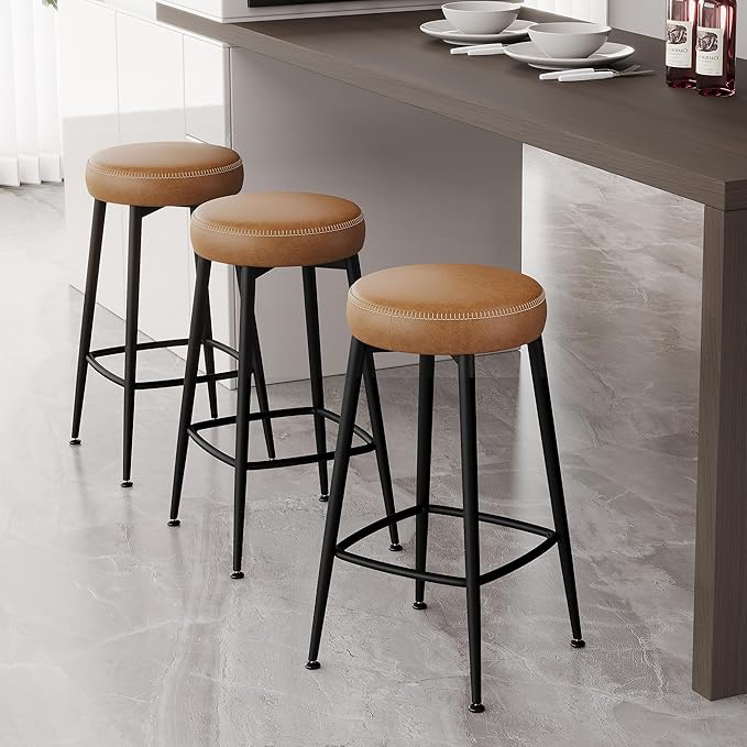Counter Height Bar Stools, 26" H Backless Bar Stools Set of 6, Upholstered Faux Leather Kitchen Counter Stools, Mid Century Modern, Kitchen Island Home Bar, Pub, Caramel Brown