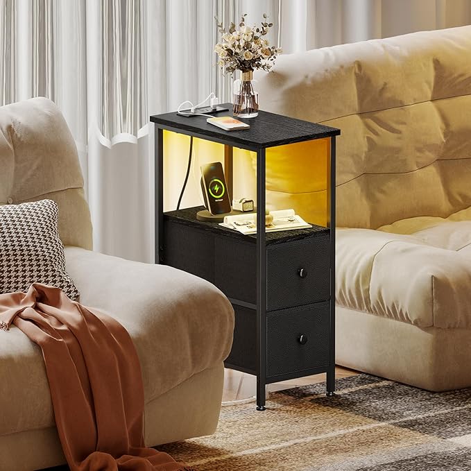 Fixwal Narrow Side Table with Charging Station and LED Light, Skinny Nightstand with 2 Fabric Drawers, Slim End Table for Bedroom, Dorm, Small Space, Black