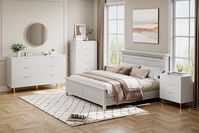 White Dresser, Modern 3 Drawer Dresser for Bedroom with Gold Handle and Large Drawer, Wood Double Chest of Drawers and Storage Organizer for Living Room, Hallway, Entryway