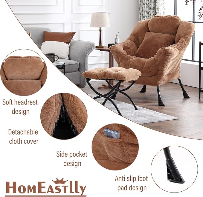 Lazy Chair with Ottoman, Reading Chair with a Pillow, Leisure Sofa Armchair with Ottoman, Large Accent Lounge Chair for Bedroom, Living Room, Dorm Room, Plush Brown