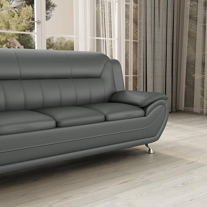 Container Furniture Direct Michael Modern Faux Leather Upholstered Stainless Steel Legs Living Room Sofa, Chair, Gray
