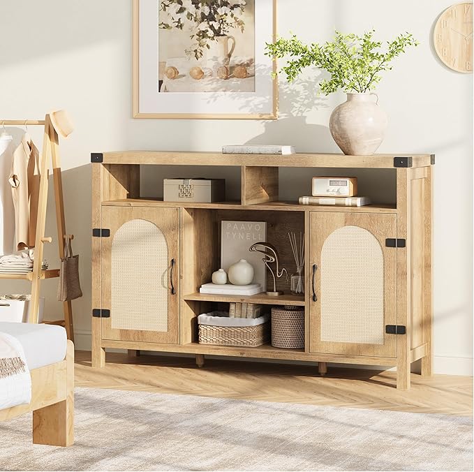 IDEALHOUSE Rattan Buffet Cabinet with Storage, Rattan Wine Bar Cabinet, Sideboard with Glass Holder, Adjustable Shelves, Coffee Bar Cabinet for Living Room Dining Room Hallway, Natural