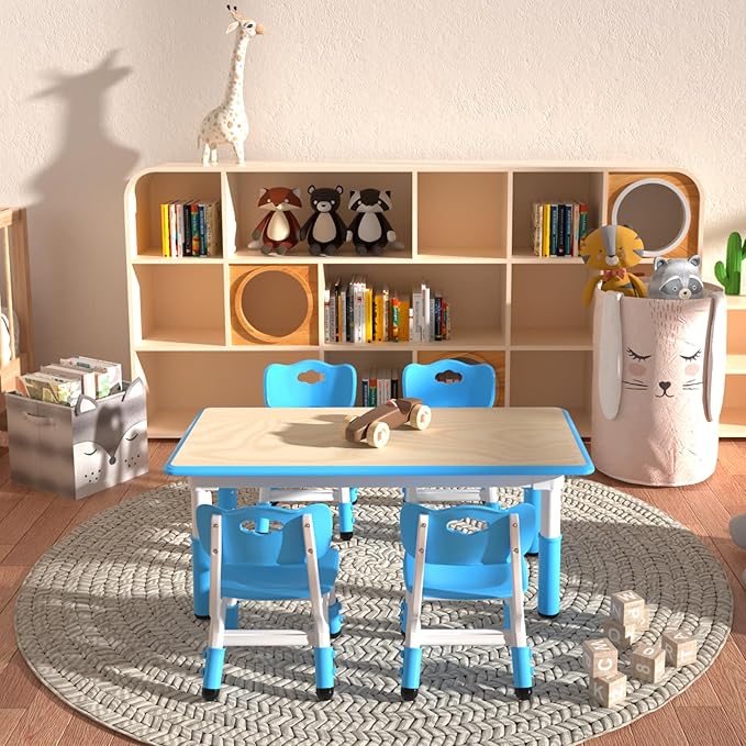 Kids Table and 4 Chairs Set，Height Adjustable Children Table & Chair，Toddlers Study Multi-Activity Table with 47.2"x23.6" Wipe-Clean Desktop，for Classrooms, Homes & Daycares