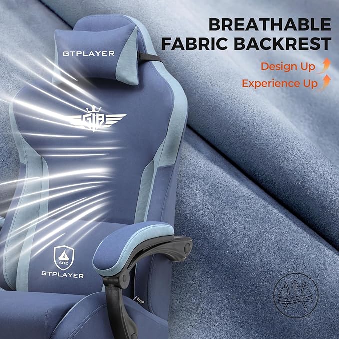 GTPLAYER Gaming Chair Fabric with Footrest, Big and Tall Game Chair High Back Computer Office Chair with Lumbar Support for Adults, Ergonomic Swivel Games Chair with Cushion Gaming Dark Blue