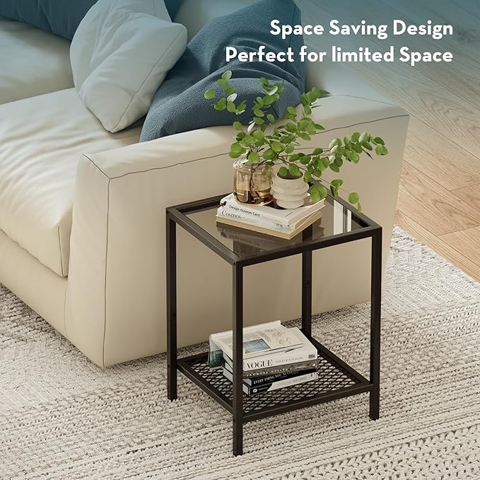 SAYGOER Small Side Table Glass End Table with Mesh Storage Shelf for Small Spaces Modern, 13.4" x11.8" x19.7", 2-Tier Square Bed Nightstand Couch Table for Living Room Bedroom, Gray