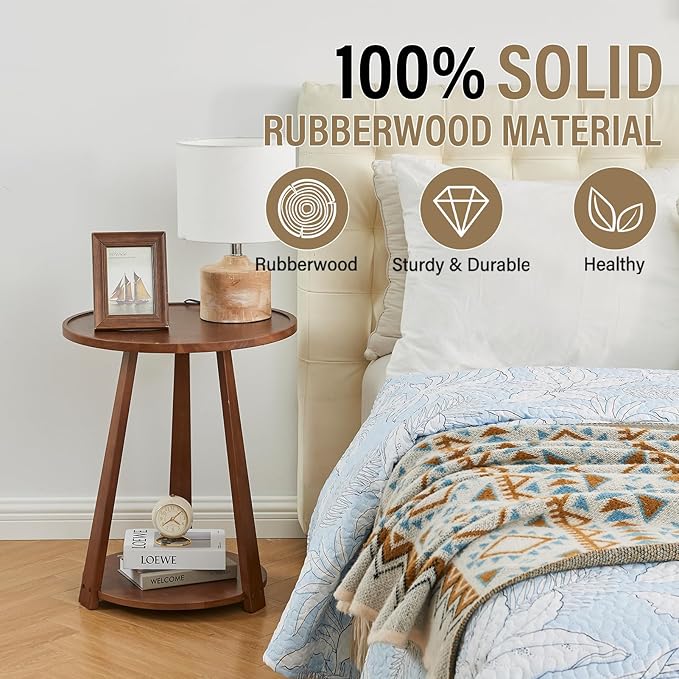 CozyDH Round End Table Living Room, Side Table with Lower Shelf Bedroom, Solid Rubberwood Night Stand with Storage Space, Sofa Couch Table Walnut