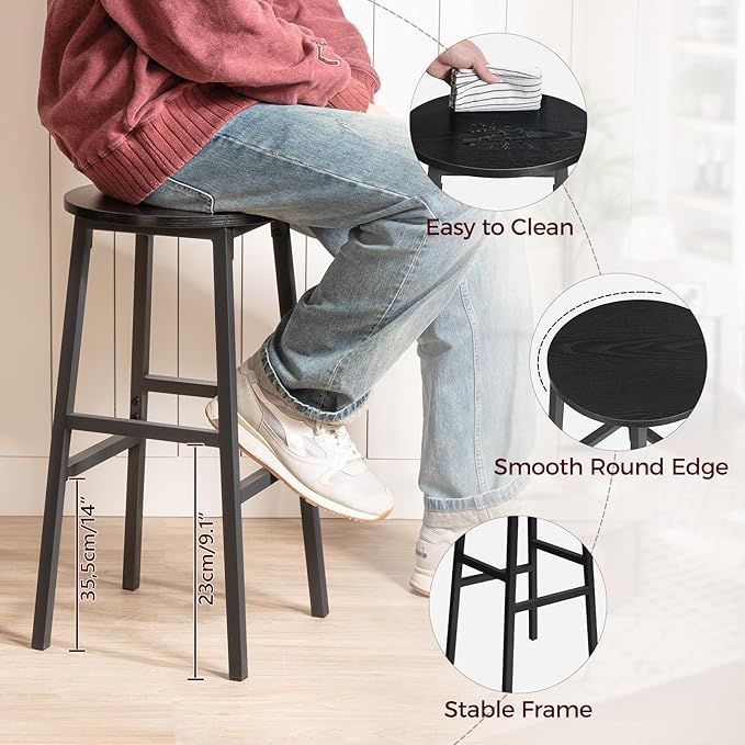 Bar Stools, Set of 2 Round Bar Chairs with Footrest, 24.4 Inch Kitchen Breakfast Bar Stools, Industrial Bar Stools, Easy Assembly, for Dining Room, Kitchen, Black BAHB0201