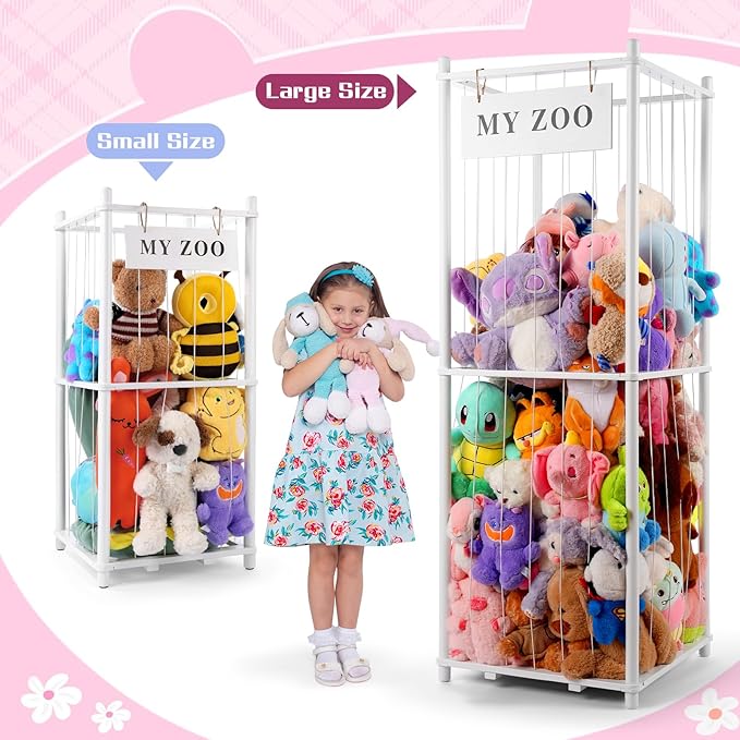 Stuffed Animal Storage Zoo, Wooden Stuffed Animal Organizer with Elastic Cords for Boys Girls, Space Saving Toy Plushies Storage Holder for Playroom, Bedroom, Living Room (White, Large)