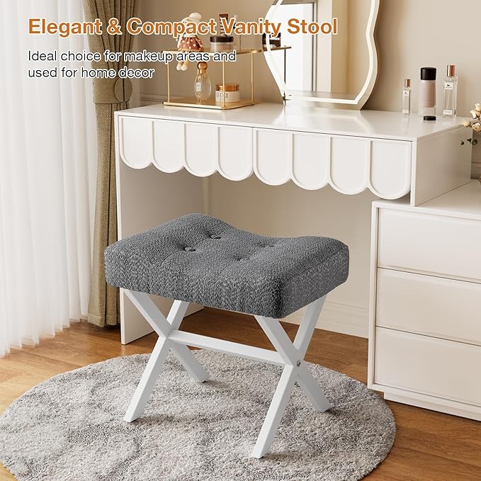 18-Inch Large Vanity Stool Chair, Vanity Bench with Metal X-Legs, Ottoman Foot Stool with Breathable and Soft Boucle Fabric Saddle Seat, Grey