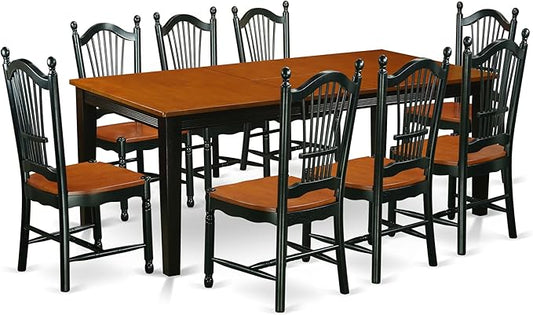 East West Furniture QUDO9-BCH-W 9 Piece Dining Table Set Includes a Rectangle Dining Room Table with Butterfly Leaf and 8 Wooden Seat Chairs, 40x78 Inch, Black & Cherry