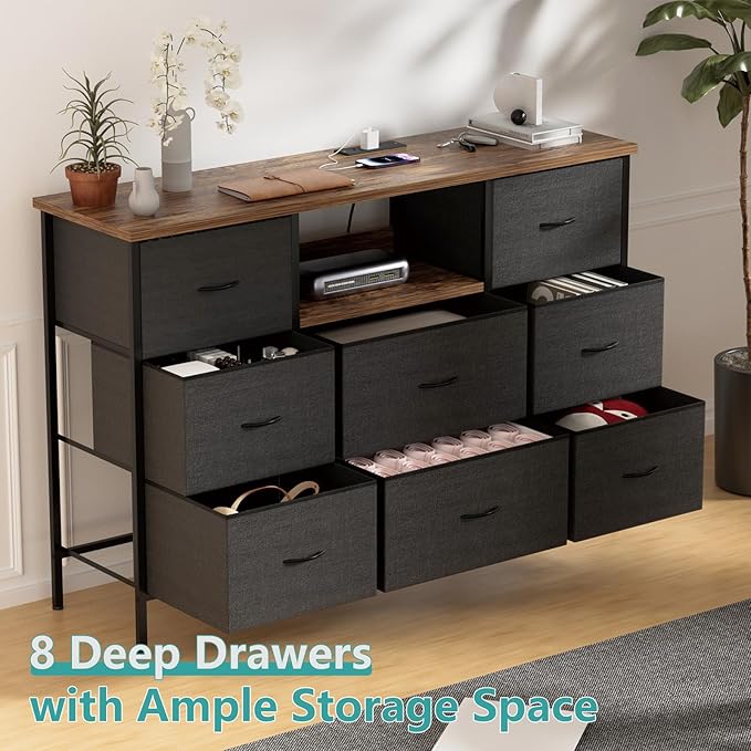 Black Dresser with LED Lights & Power Outlets, Dresser TV Stand with 8 Drawers for 55" TV, Fabric Chest of Drawers for Bedroom, Living Room, Entryway