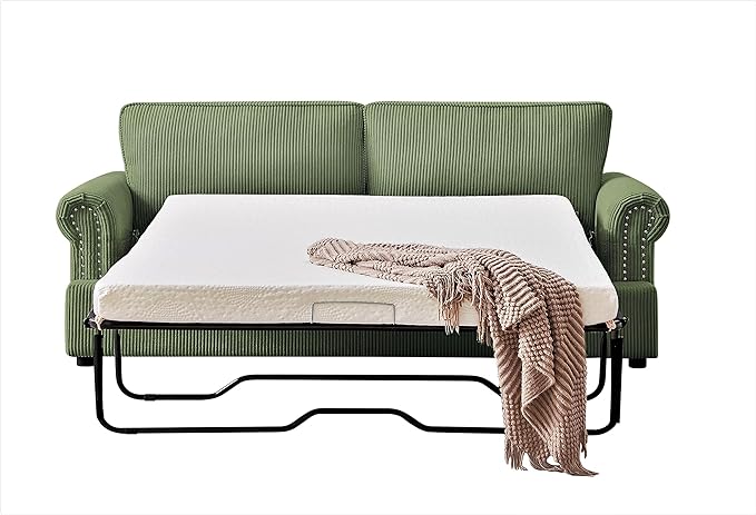 Reversible Sleeper Sofa Bed with Comfortable Memory Foam Mattress, Convertible Corduroy Full Size Pull Out Couch for Living Room, Space Saving Furniture, 72" Wide, Rounded Arms, Dark Green