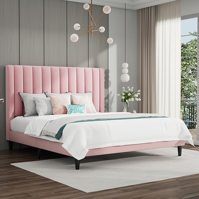 SHA CERLIN King Bed Frame/Velvet Upholstered Platform Bed Frame with Headboard/Strong Wood Slats Support/Mattress Foundation/No Box Spring Needed - Pink