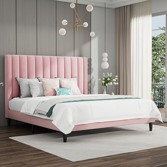 SHA CERLIN King Bed Frame/Velvet Upholstered Platform Bed Frame with Headboard/Strong Wood Slats Support/Mattress Foundation/No Box Spring Needed - Pink