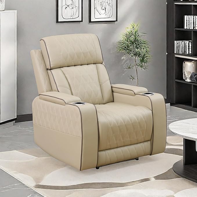 Recliner Chair, Leather Recliner Home Theater Seating, Electric Reclining Chair with USB Ports and Cup Holders, Breathing Chair with Hidden Arm Storage, Ambient Lighting, Beige